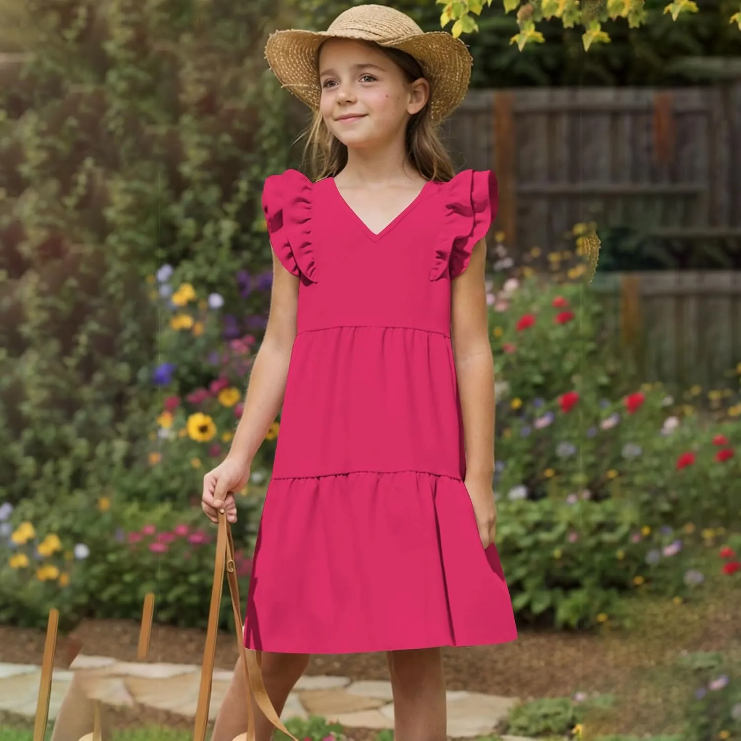 Girls Ruffle Sleeve Dresses Casual 2025 Tiered A-Line Flowy Swing Sundress Tween Summer Outfits Size 4-14 Years