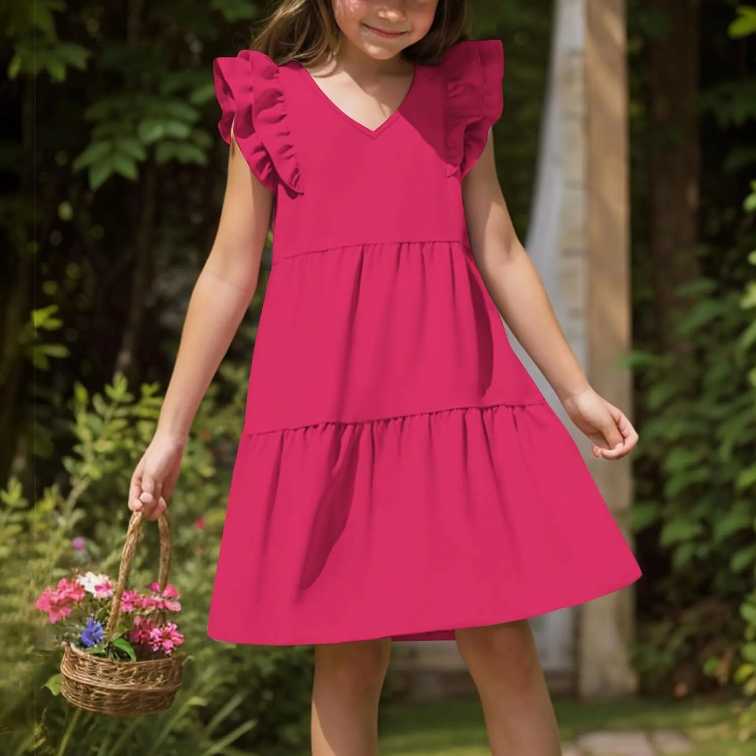 Girls Ruffle Sleeve Dresses Casual 2025 Tiered A-Line Flowy Swing Sundress Tween Summer Outfits Size 4-14 Years