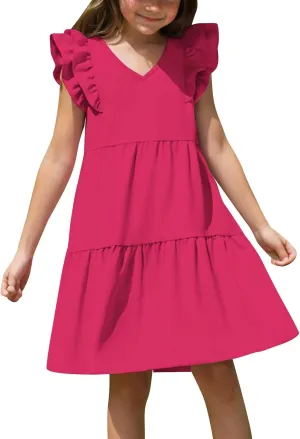 Girls Ruffle Sleeve Dresses Casual 2025 Tiered A-Line Flowy Swing Sundress Tween Summer Outfits Size 4-14 Years