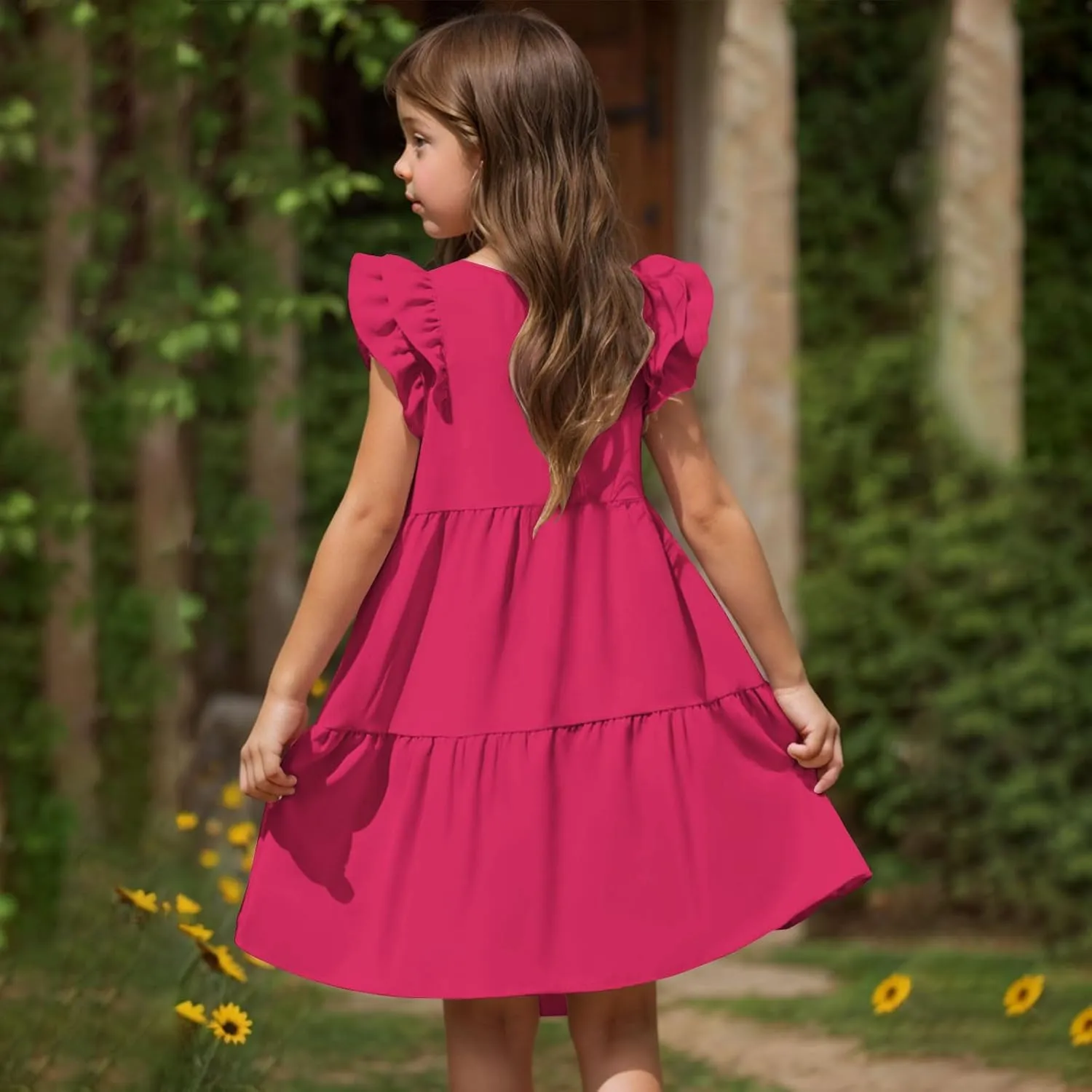 Girls Ruffle Sleeve Dresses Casual 2025 Tiered A-Line Flowy Swing Sundress Tween Summer Outfits Size 4-14 Years