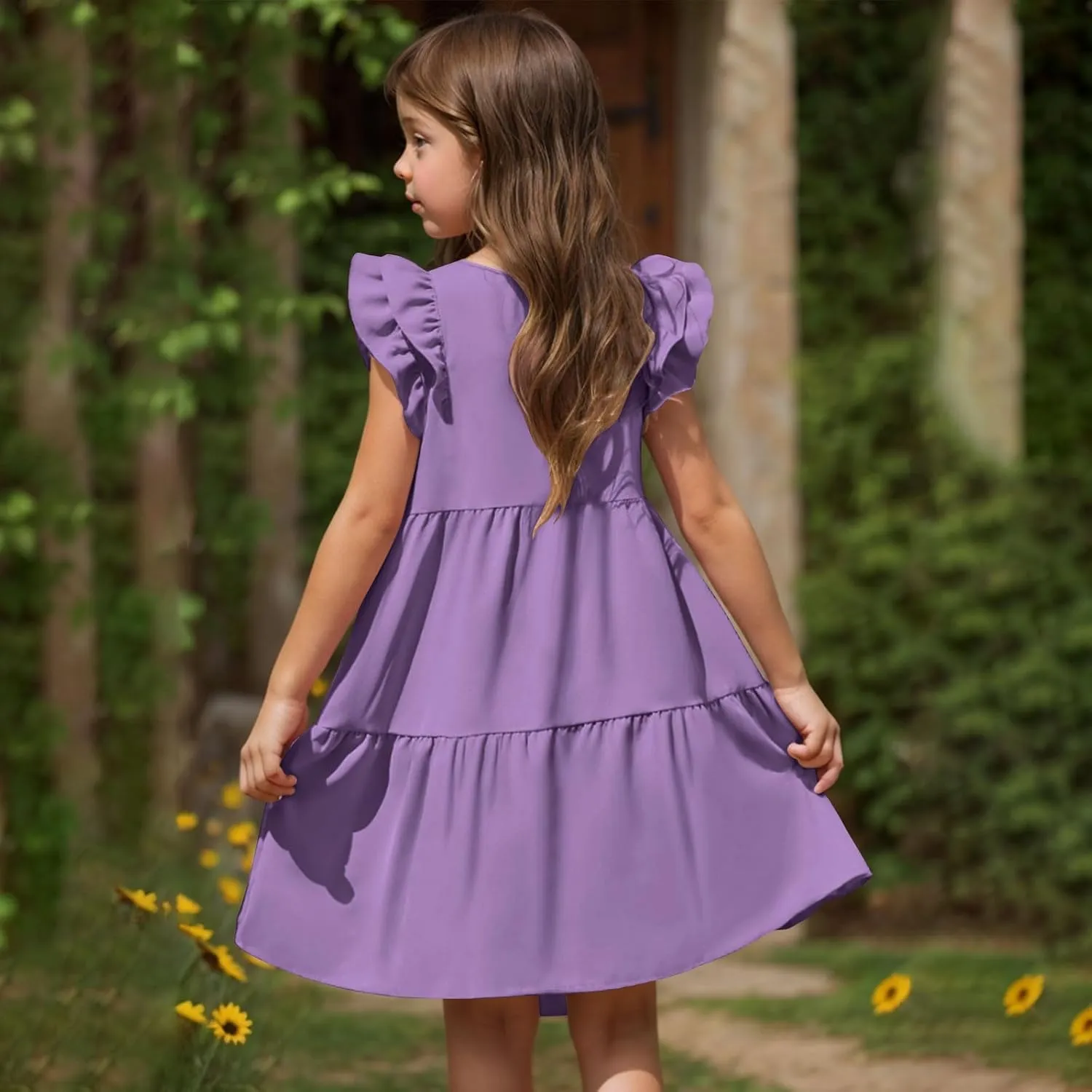Girls Ruffle Sleeve Dresses Casual 2025 Tiered A-Line Flowy Swing Sundress Tween Summer Outfits Size 4-14 Years