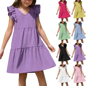 Girls Ruffle Sleeve Dresses Casual 2025 Tiered A-Line Flowy Swing Sundress Tween Summer Outfits Size 4-14 Years