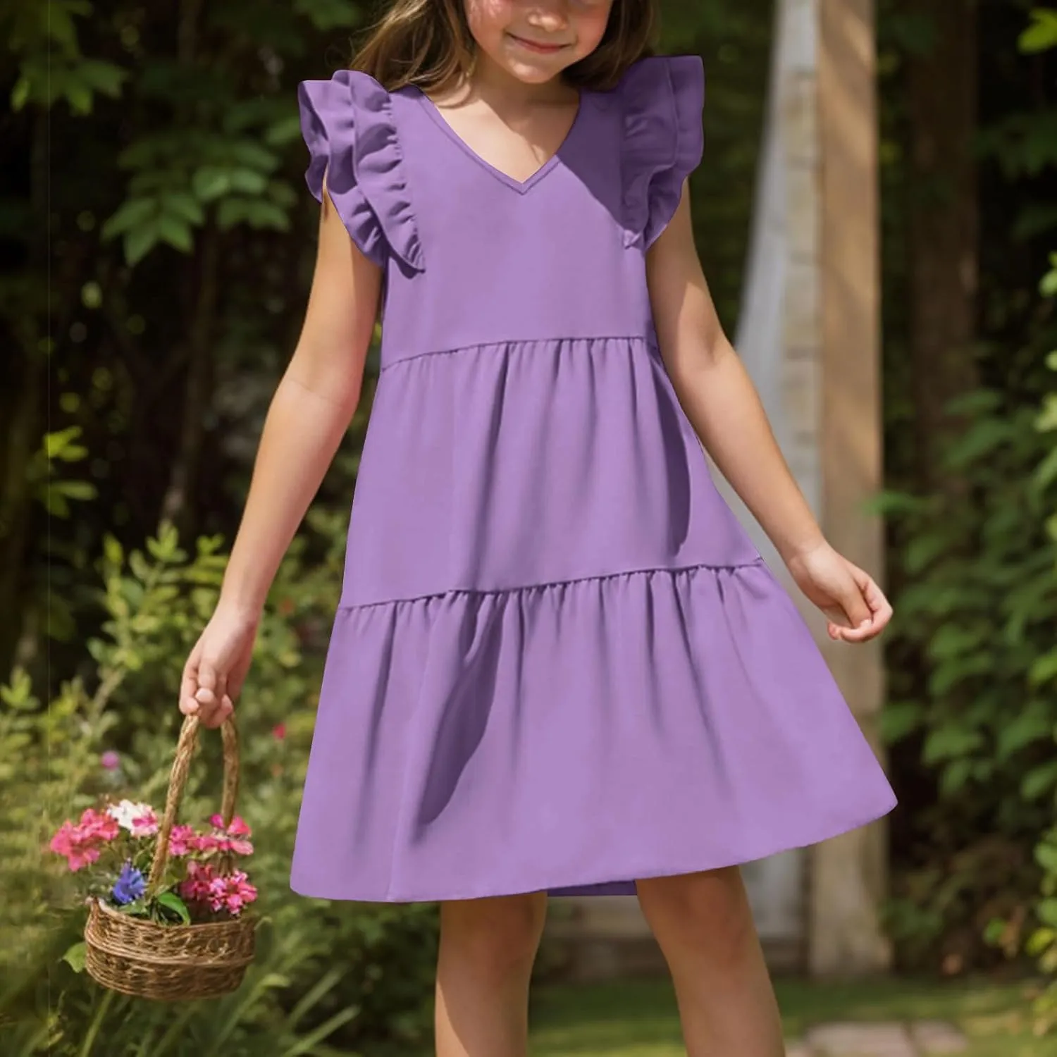 Girls Ruffle Sleeve Dresses Casual 2025 Tiered A-Line Flowy Swing Sundress Tween Summer Outfits Size 4-14 Years