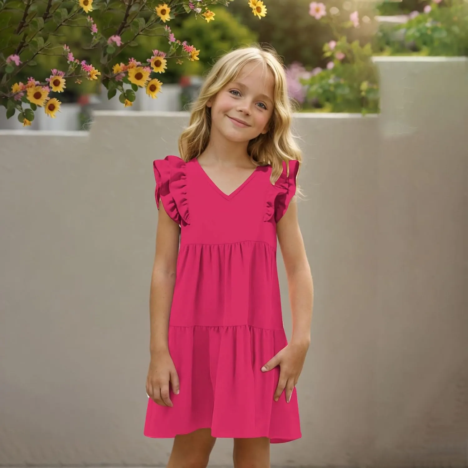 Girls Ruffle Sleeve Dresses Casual 2025 Tiered A-Line Flowy Swing Sundress Tween Summer Outfits Size 4-14 Years
