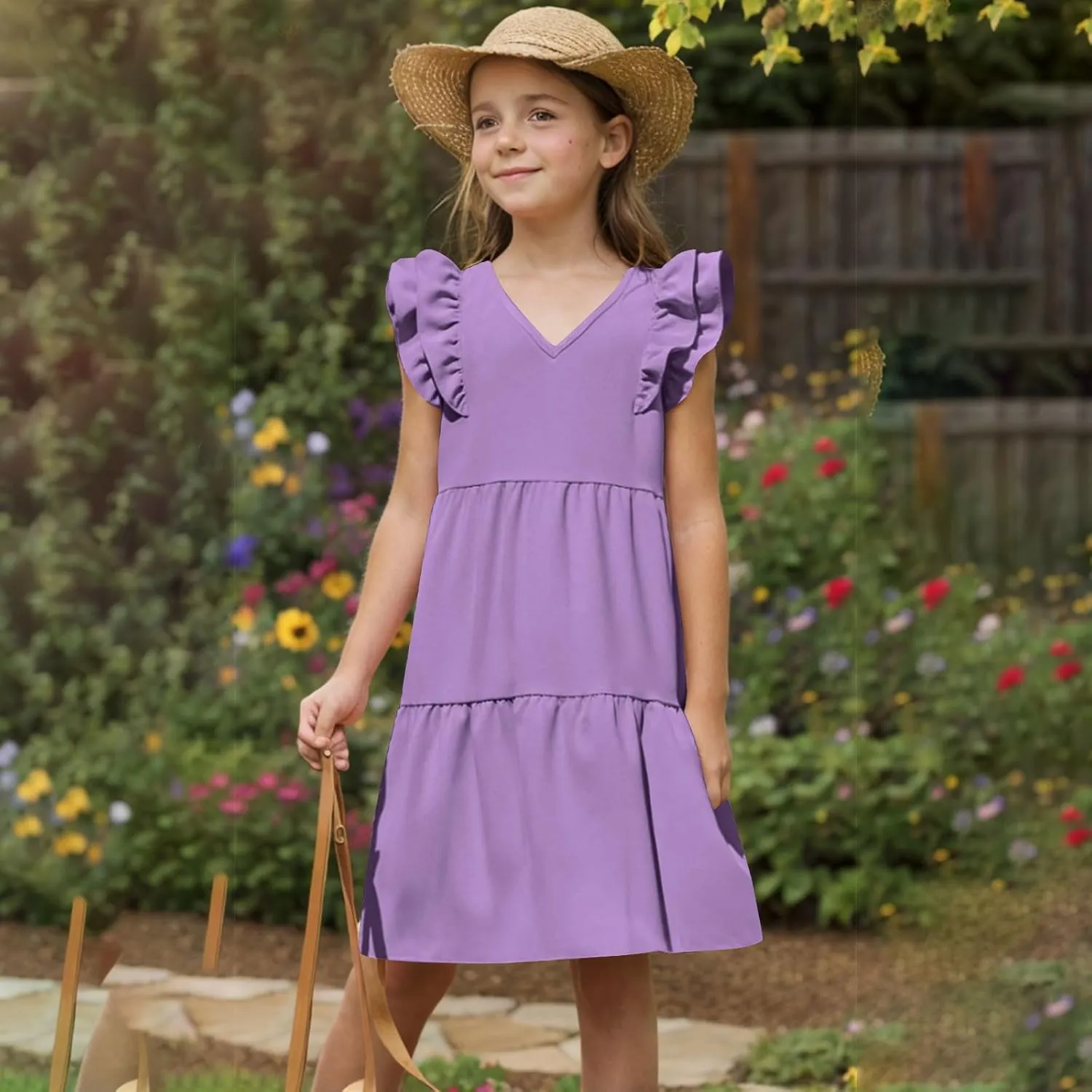 Girls Ruffle Sleeve Dresses Casual 2025 Tiered A-Line Flowy Swing Sundress Tween Summer Outfits Size 4-14 Years