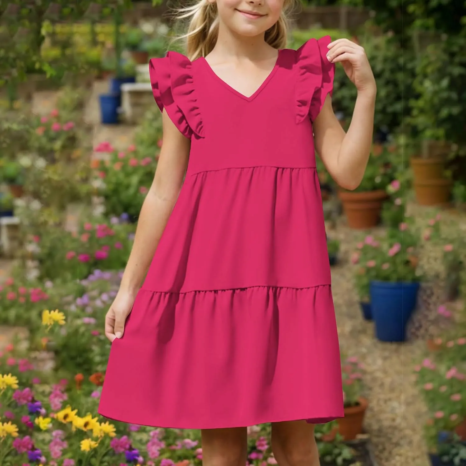 Girls Ruffle Sleeve Dresses Casual 2025 Tiered A-Line Flowy Swing Sundress Tween Summer Outfits Size 4-14 Years