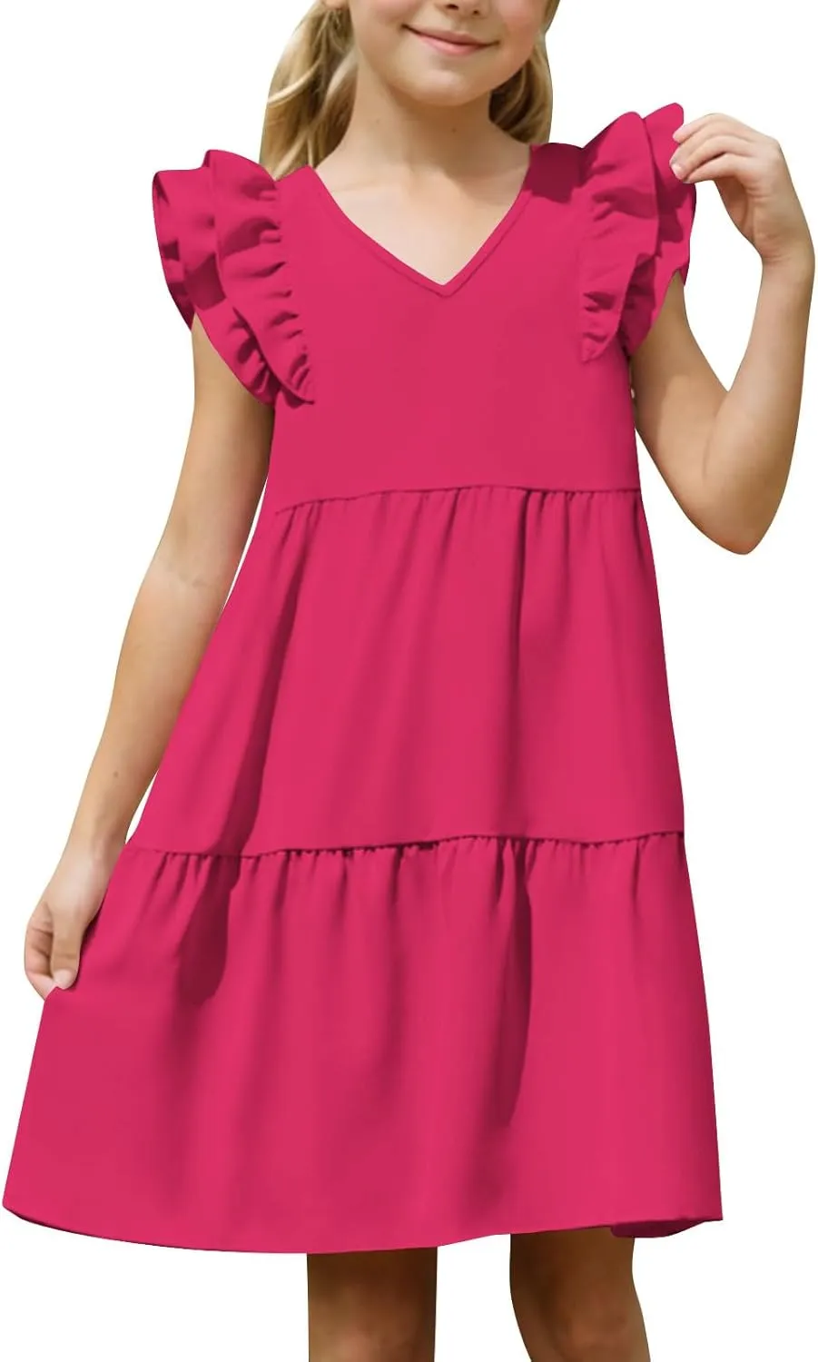 Girls Ruffle Sleeve Dresses Casual 2025 Tiered A-Line Flowy Swing Sundress Tween Summer Outfits Size 4-14 Years