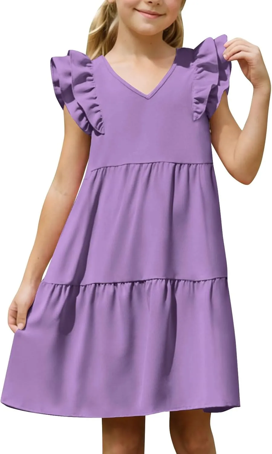 Girls Ruffle Sleeve Dresses Casual 2025 Tiered A-Line Flowy Swing Sundress Tween Summer Outfits Size 4-14 Years