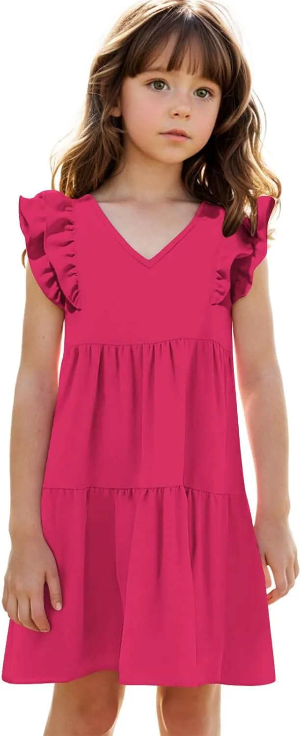 Girls Ruffle Sleeve Dresses Casual 2025 Tiered A-Line Flowy Swing Sundress Tween Summer Outfits Size 4-14 Years