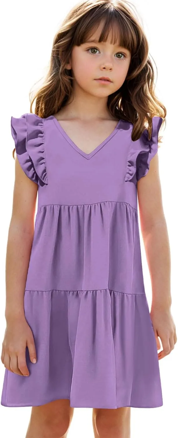 Girls Ruffle Sleeve Dresses Casual 2025 Tiered A-Line Flowy Swing Sundress Tween Summer Outfits Size 4-14 Years