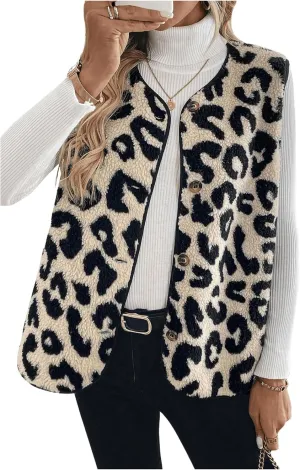 GORGLITTER Women's Cheetah Print Fleece Button Down Vest Coat V Neck Sleeveless Fleece Outerwear Black and White Small