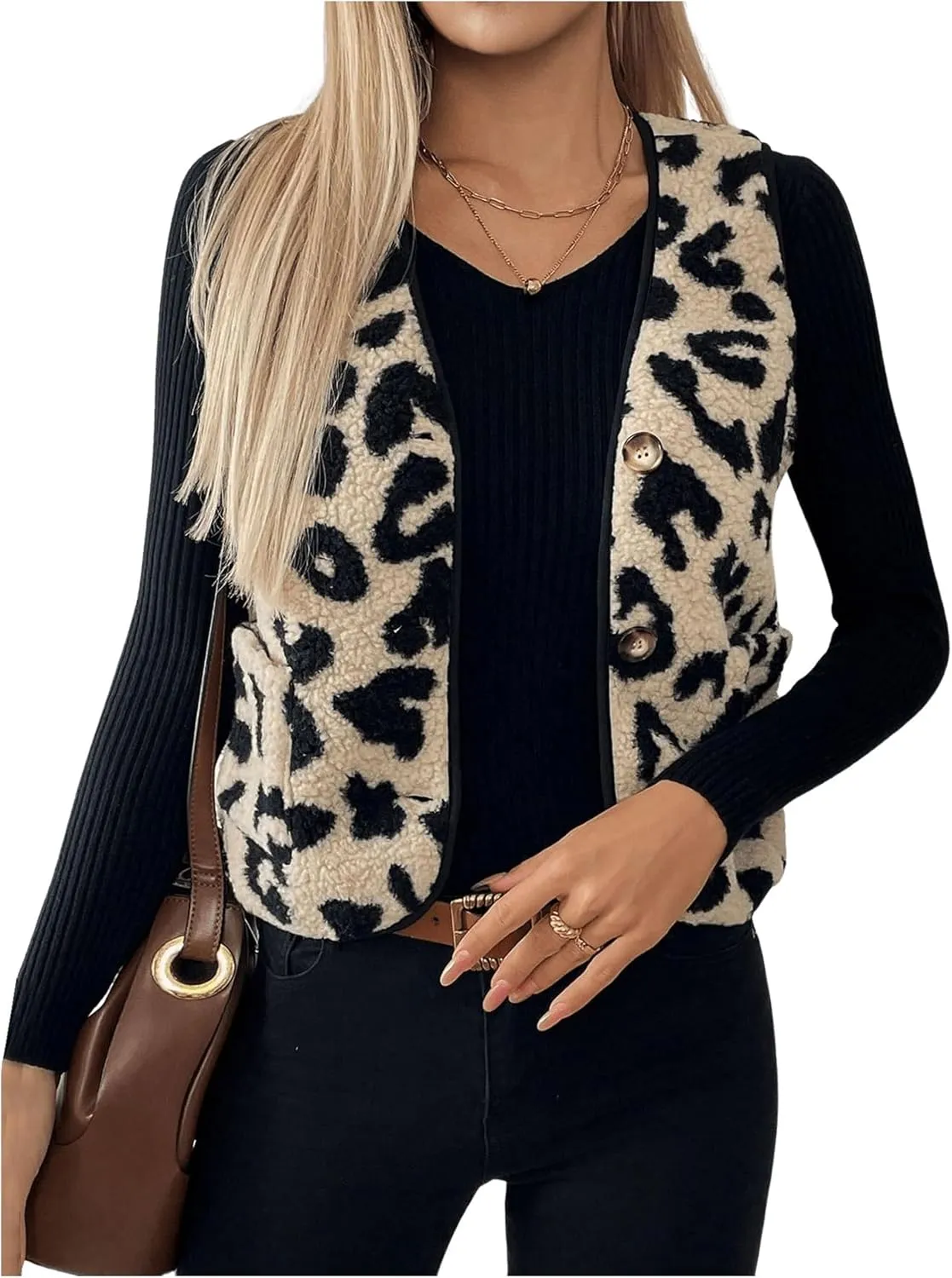 GORGLITTER Women's Leopard Sherpa Vest Fuzzy Vest Outerwear Trendy Fall Cheetah Fleece Sleeveless Old Money Coat Jacket