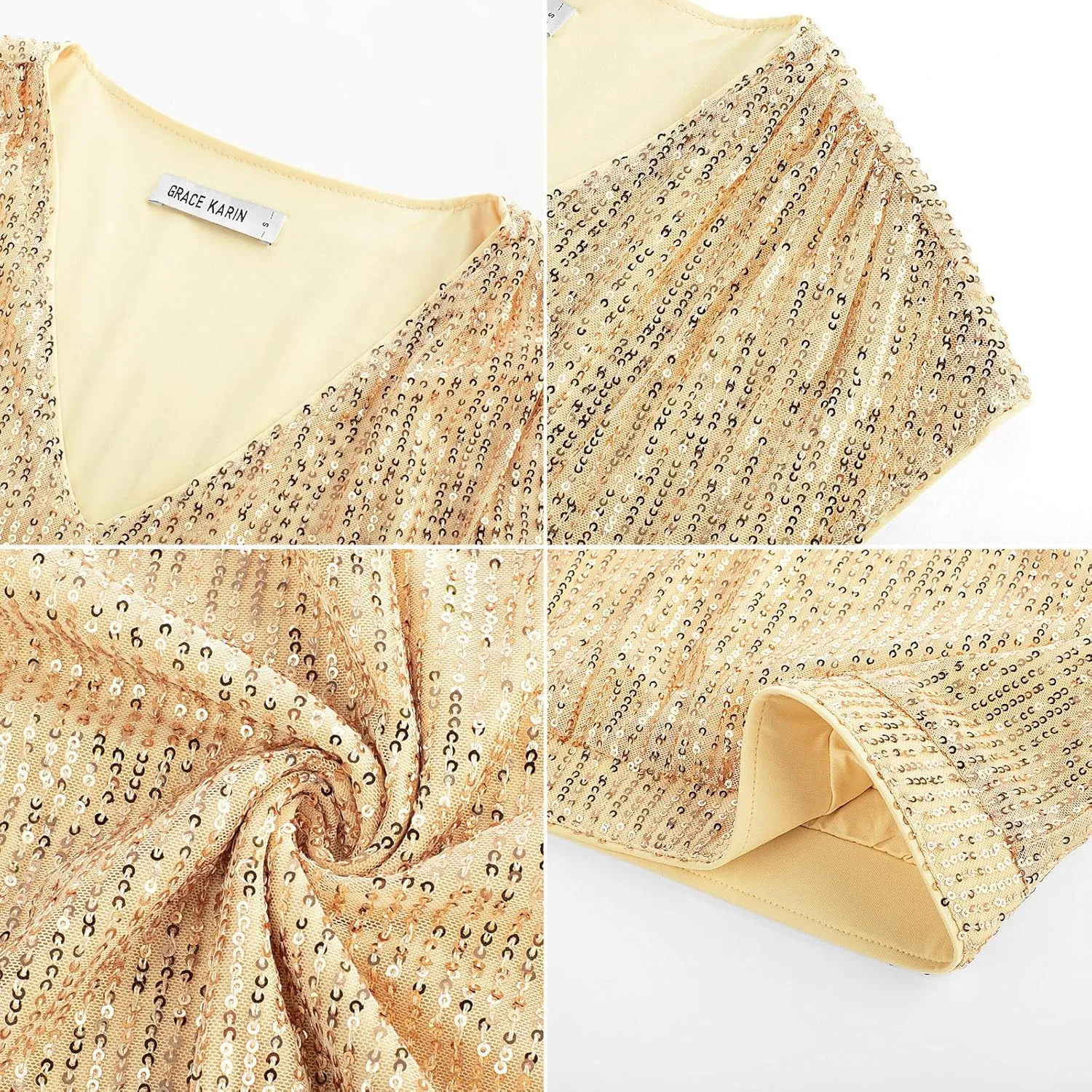 GRACE KARIN V Neck Sequin Short Sleeve Tops for Women Elastic Sparkly Tank Top for Party
