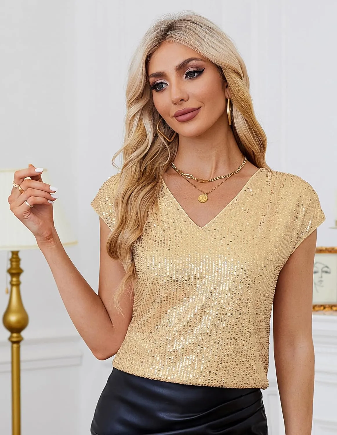 GRACE KARIN V Neck Sequin Short Sleeve Tops for Women Elastic Sparkly Tank Top for Party