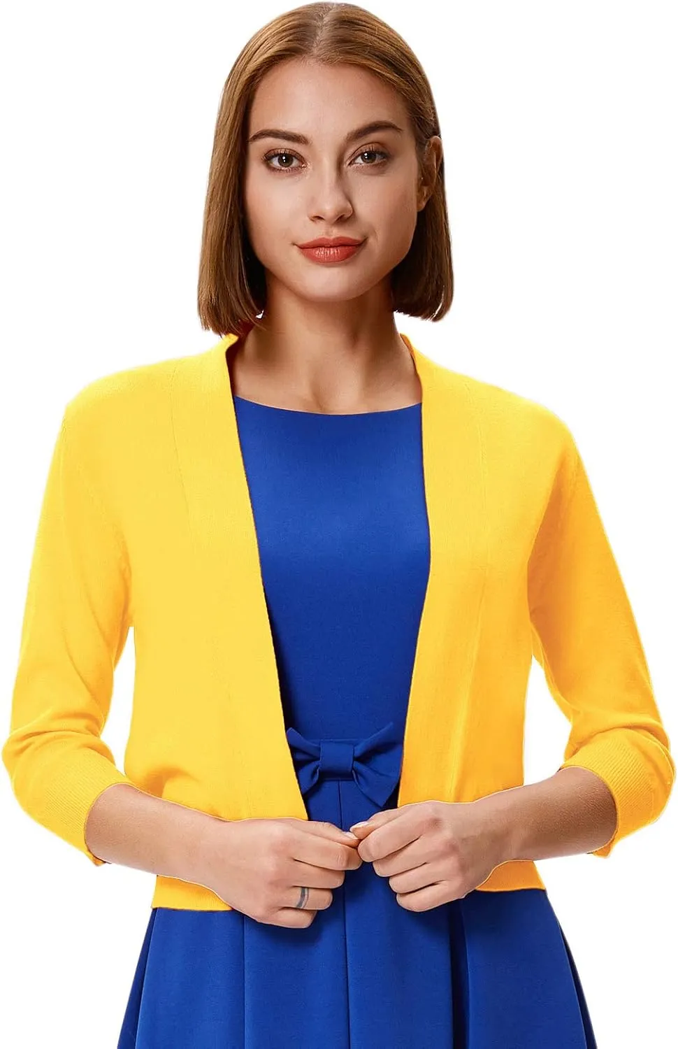 GRACE KARIN Women's 3/4 Sleeve Cardigan Knit Sweaters Cropped Open Front Shrug Bolero