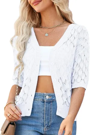 GRACE KARIN Women's Summer Short Sleeve Cropped Cardigan Sweaters Crochet Knit Shrug Open Front V-Neck Button up Tops