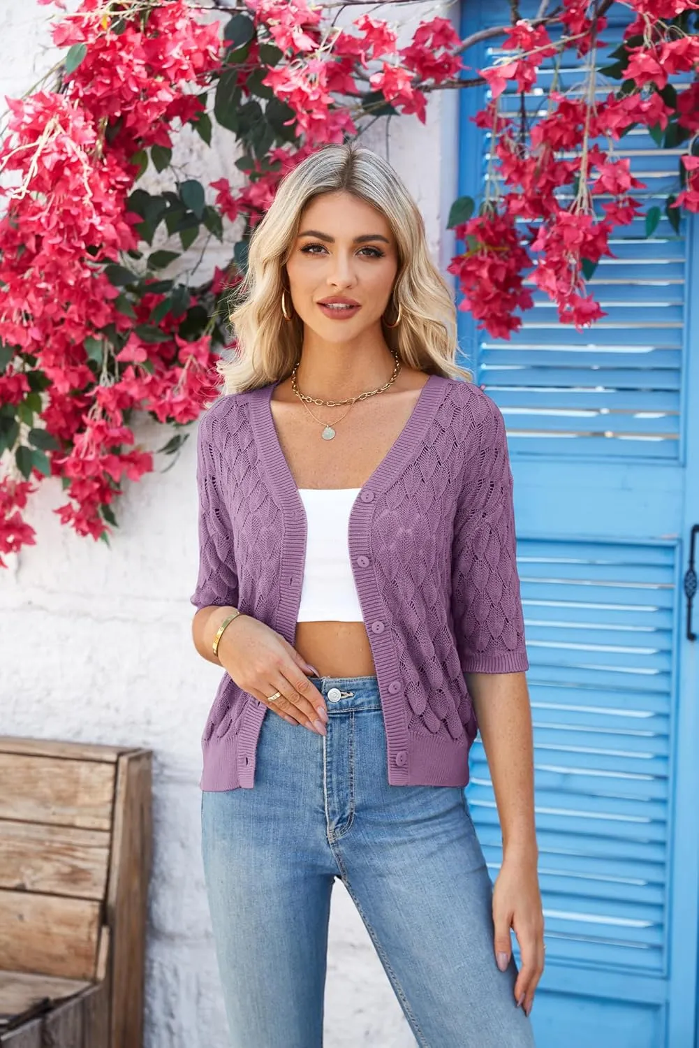 GRACE KARIN Women's Summer Short Sleeve Cropped Cardigan Sweaters Crochet Knit Shrug Open Front V-Neck Button up Tops