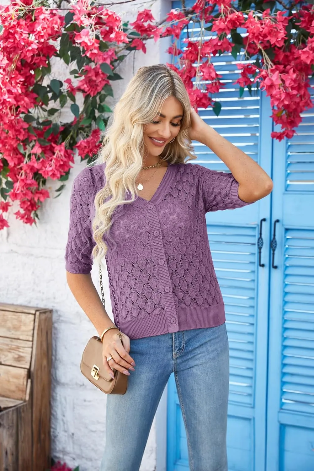 GRACE KARIN Women's Summer Short Sleeve Cropped Cardigan Sweaters Crochet Knit Shrug Open Front V-Neck Button up Tops