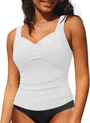 GRAPENT Tankini Tops for Women Modest Swimsuits Ruched Beach Padded Adjustable Strap Swimwear Bathing Suit Swim Top Only