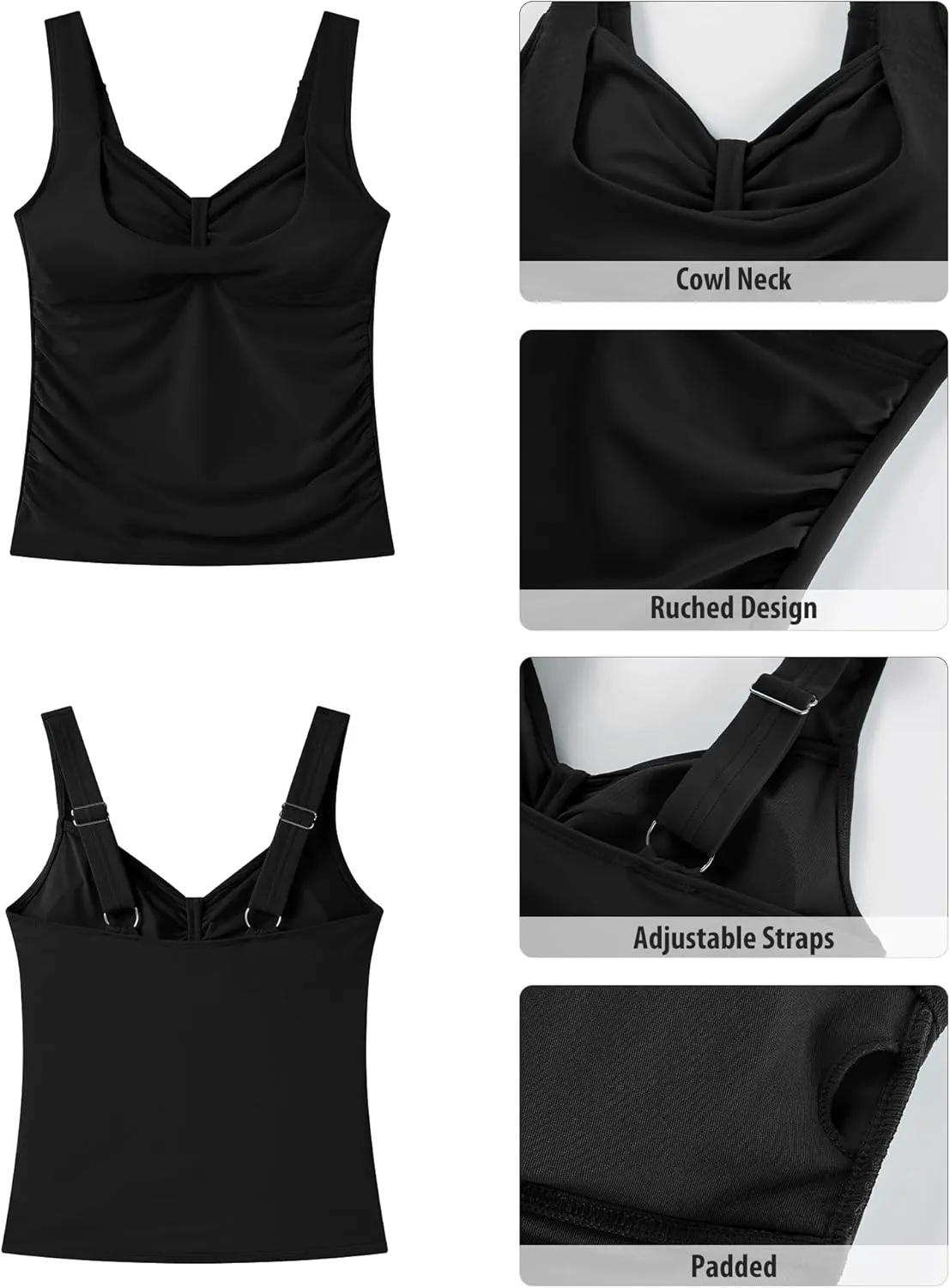 GRAPENT Tankini Tops for Women Modest Swimsuits Ruched Beach Padded Adjustable Strap Swimwear Bathing Suit Swim Top Only