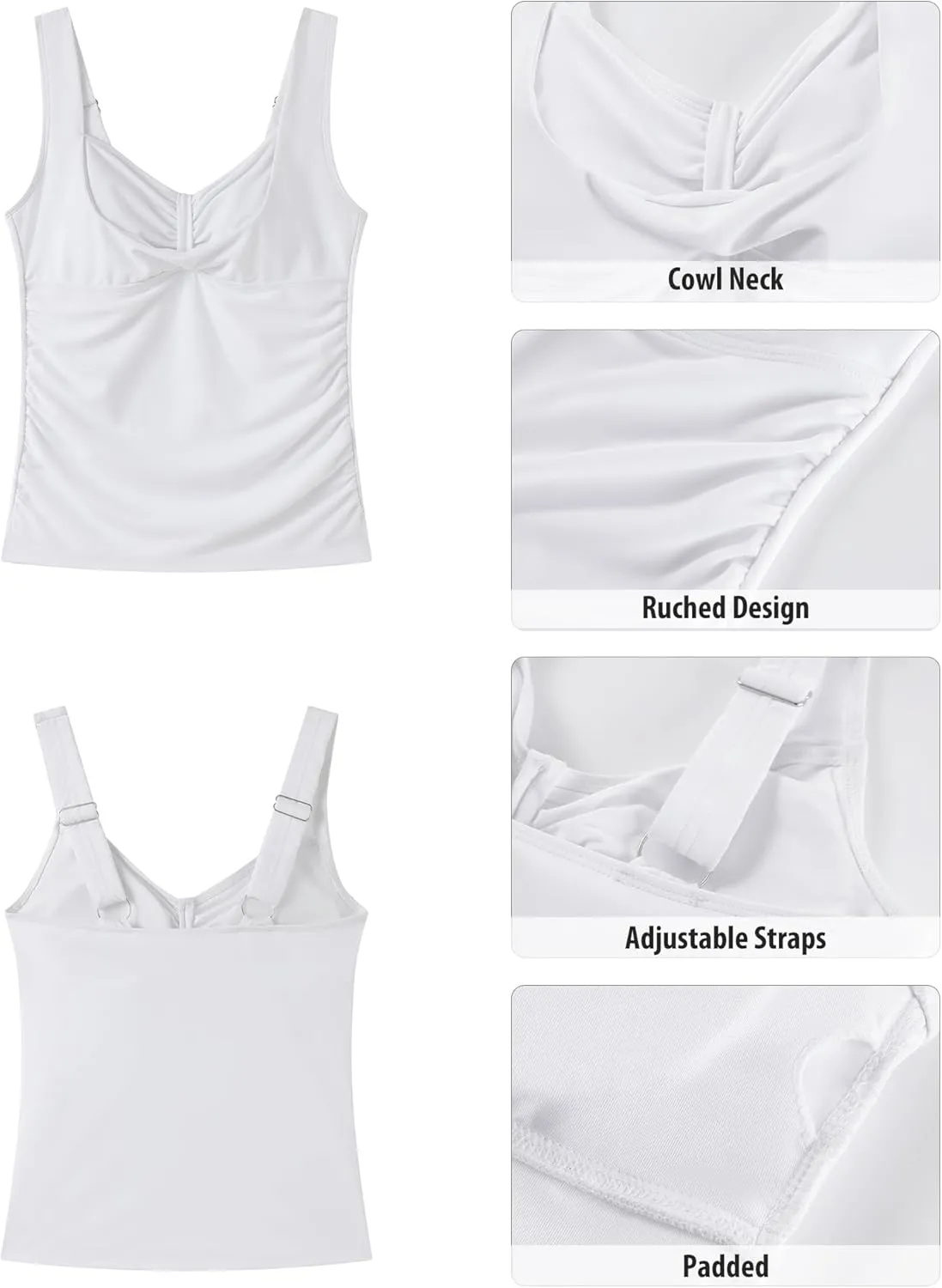 GRAPENT Tankini Tops for Women Modest Swimsuits Ruched Beach Padded Adjustable Strap Swimwear Bathing Suit Swim Top Only