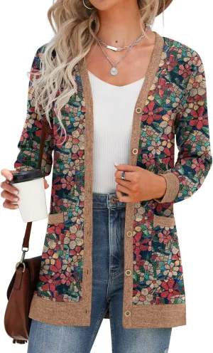 GRECERELLE Women's Long Sleeve Open Front Cardigan Button Down Ribbed Lightweight Knit Outerwear with Pocket