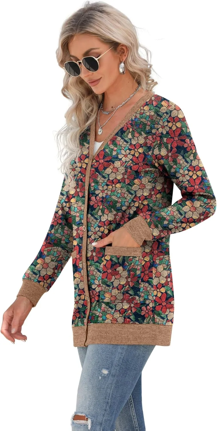 GRECERELLE Women's Long Sleeve Open Front Cardigan Button Down Ribbed Lightweight Knit Outerwear with Pocket