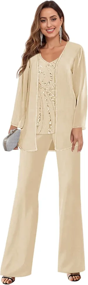 GUKARLEED Womens Mother of The Pants Suits 3 Pieces Long Sleeve V Neck Lace Chiffon Wedding Guest Formal Outfits with Jacket