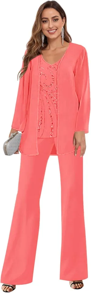 GUKARLEED Womens Mother of The Pants Suits 3 Pieces Long Sleeve V Neck Lace Chiffon Wedding Guest Formal Outfits with Jacket