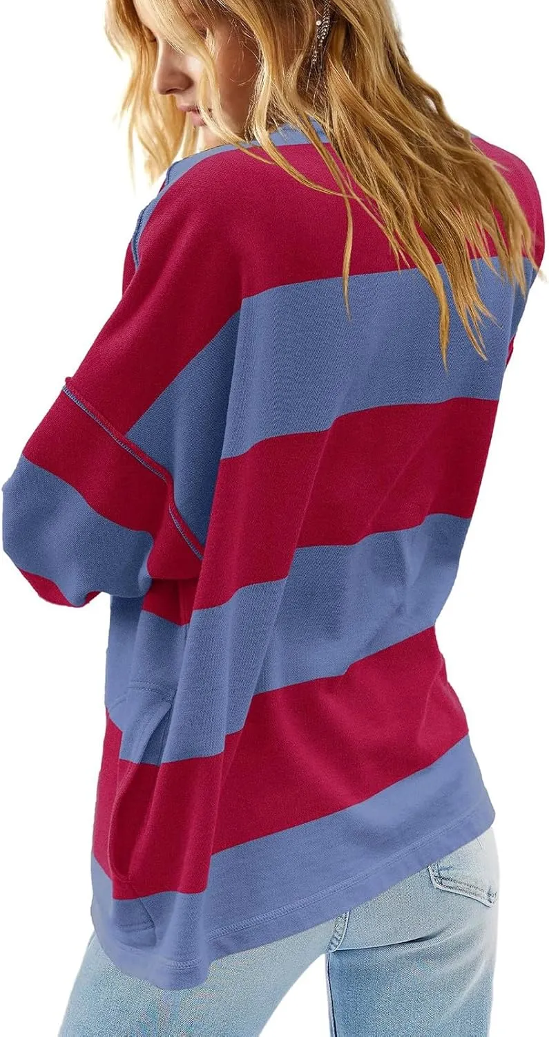 Gumipy Quarter Zip Pullover Women Stripe Stand Collar Half Zip Pullover Y2K 3/4 Long Sleeve Reverse Seam Oversized Sweatshirt