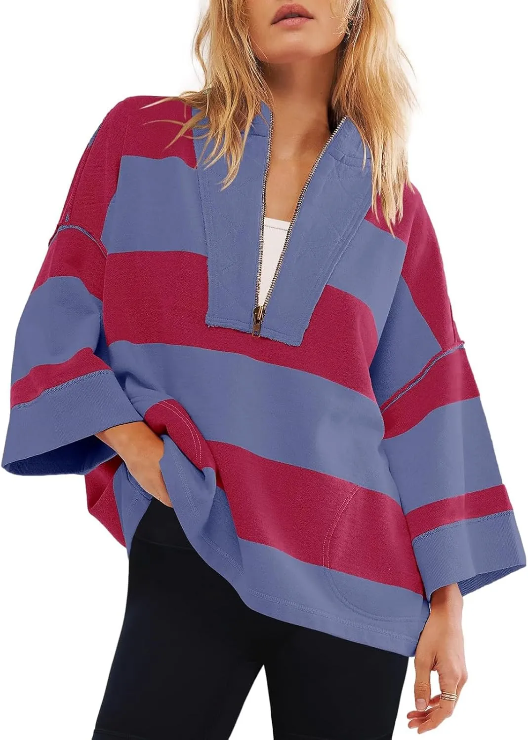 Gumipy Quarter Zip Pullover Women Stripe Stand Collar Half Zip Pullover Y2K 3/4 Long Sleeve Reverse Seam Oversized Sweatshirt