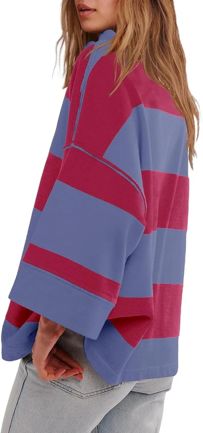 Gumipy Quarter Zip Pullover Women Stripe Stand Collar Half Zip Pullover Y2K 3/4 Long Sleeve Reverse Seam Oversized Sweatshirt