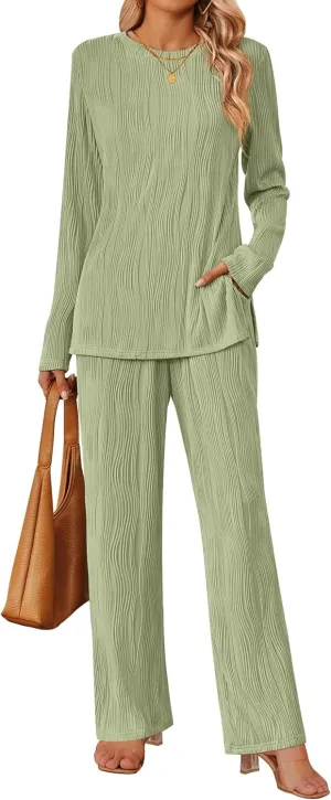 HAEOF Women's Fall 2 Piece Textured Sets Trendy Loungewear Soft Long Sleeve Tunic Tops Wide Leg Pants Matching Pajama Set