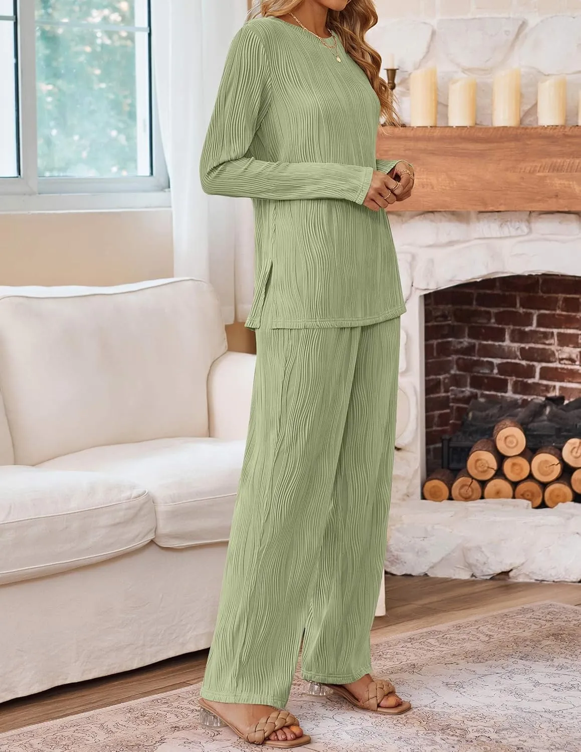HAEOF Women's Fall 2 Piece Textured Sets Trendy Loungewear Soft Long Sleeve Tunic Tops Wide Leg Pants Matching Pajama Set