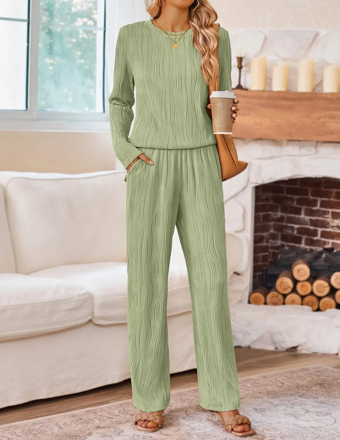 HAEOF Women's Fall 2 Piece Textured Sets Trendy Loungewear Soft Long Sleeve Tunic Tops Wide Leg Pants Matching Pajama Set