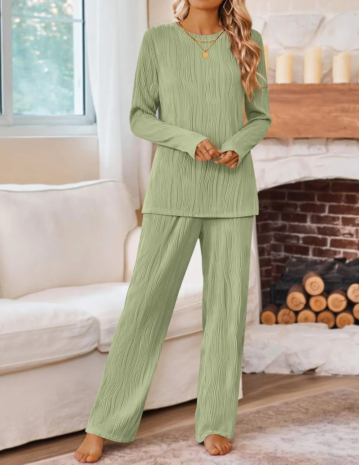 HAEOF Women's Fall 2 Piece Textured Sets Trendy Loungewear Soft Long Sleeve Tunic Tops Wide Leg Pants Matching Pajama Set