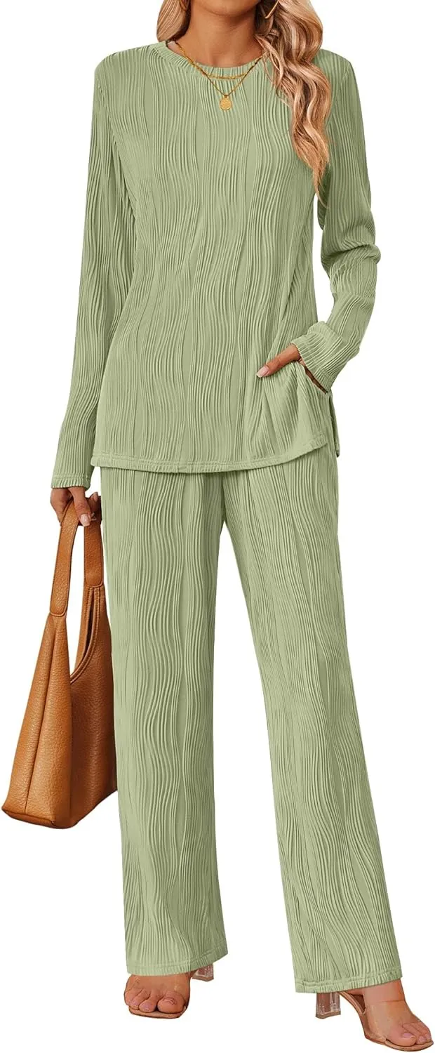 HAEOF Women's Fall 2 Piece Textured Sets Trendy Loungewear Soft Long Sleeve Tunic Tops Wide Leg Pants Matching Pajama Set