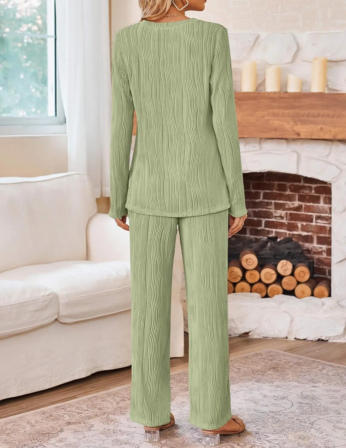 HAEOF Women's Fall 2 Piece Textured Sets Trendy Loungewear Soft Long Sleeve Tunic Tops Wide Leg Pants Matching Pajama Set