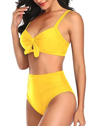 Halter Neck Two Piece Swimsuit Tummy Control Ruched Bikini-Neon Yellow