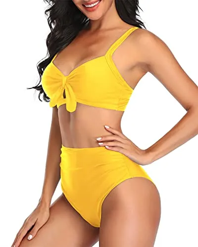 Halter Neck Two Piece Swimsuit Tummy Control Ruched Bikini-Neon Yellow