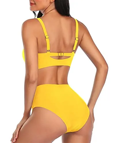 Halter Neck Two Piece Swimsuit Tummy Control Ruched Bikini-Neon Yellow