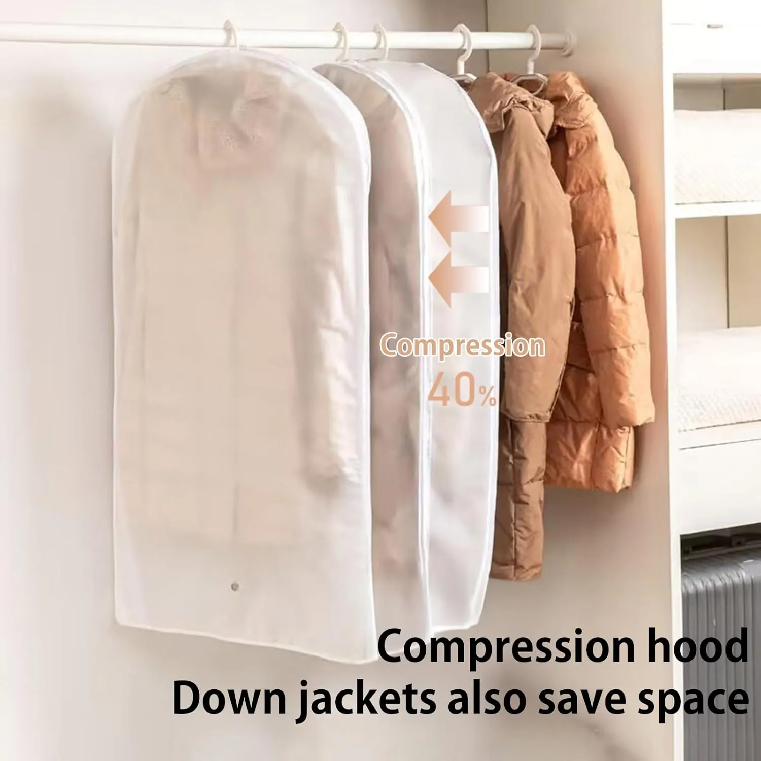 Hanging Garment Bags with Self-Compression Zipper  Large Capacity Transparent Dust Cover for Down Coats, Clothes Storage & Wardrobe Organization