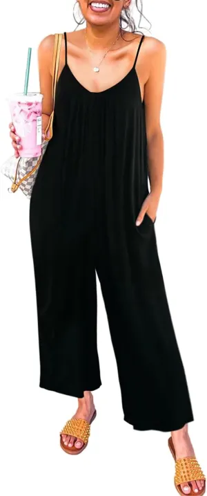 Happy Sailed Womens Casual Jumpsuits Loose Overalls Summer Sleeveless Stretchy Wide Leg Long Pants Romper with Pockets