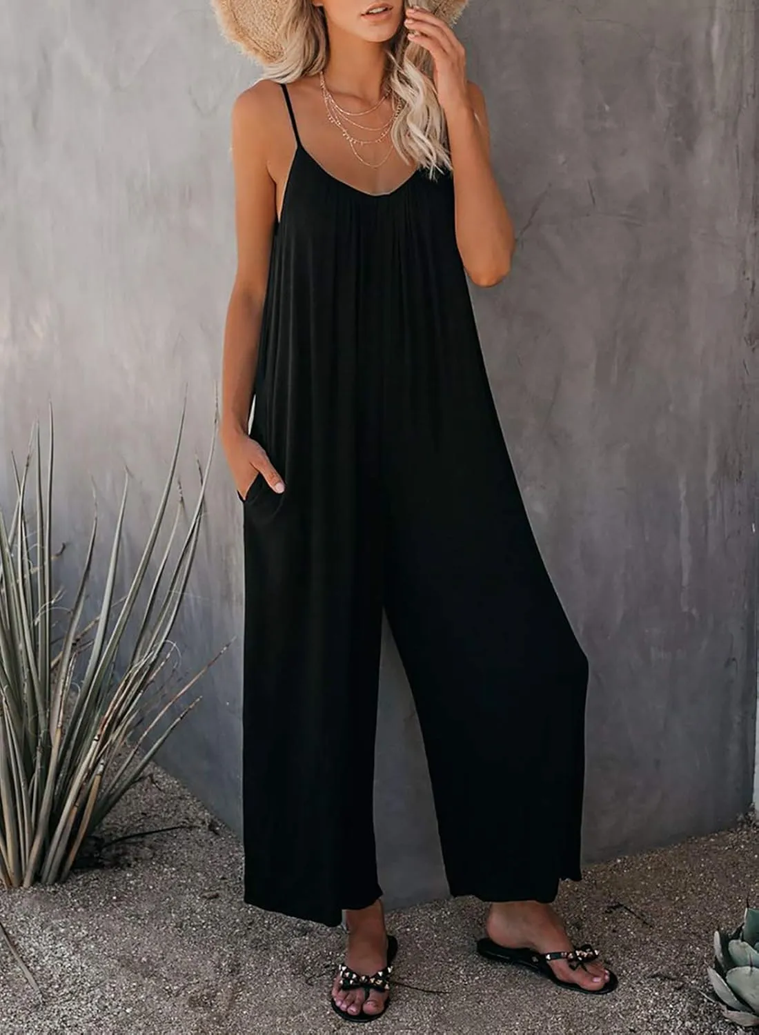 Happy Sailed Womens Casual Jumpsuits Loose Overalls Summer Sleeveless Stretchy Wide Leg Long Pants Romper with Pockets