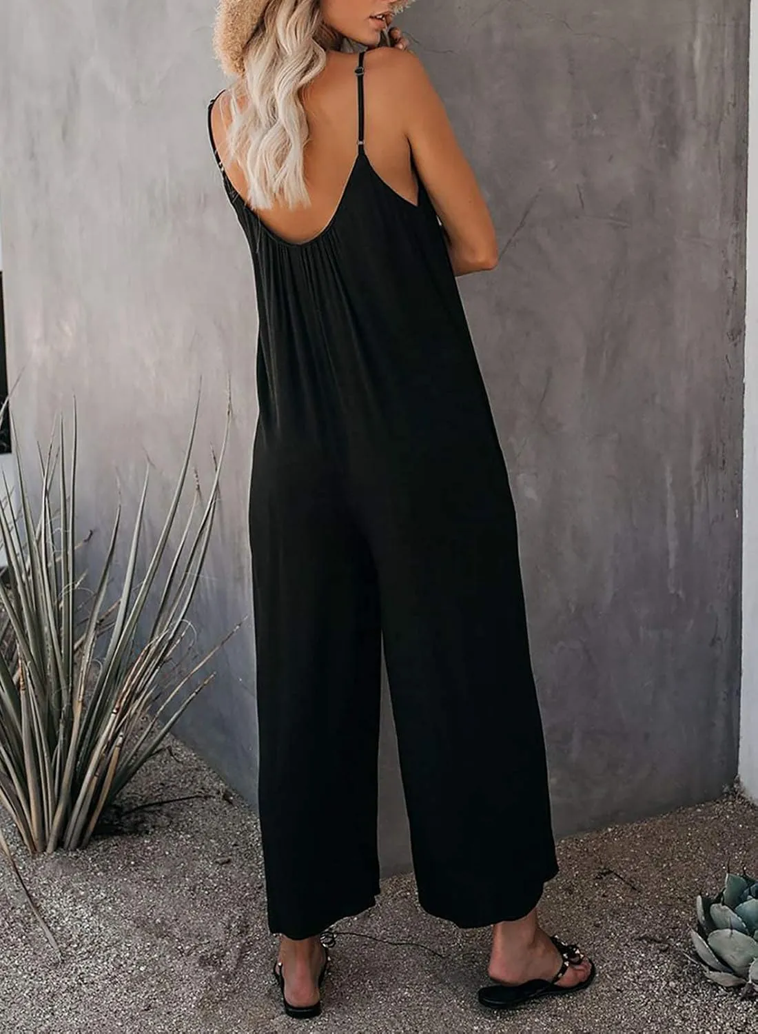Happy Sailed Womens Casual Jumpsuits Loose Overalls Summer Sleeveless Stretchy Wide Leg Long Pants Romper with Pockets