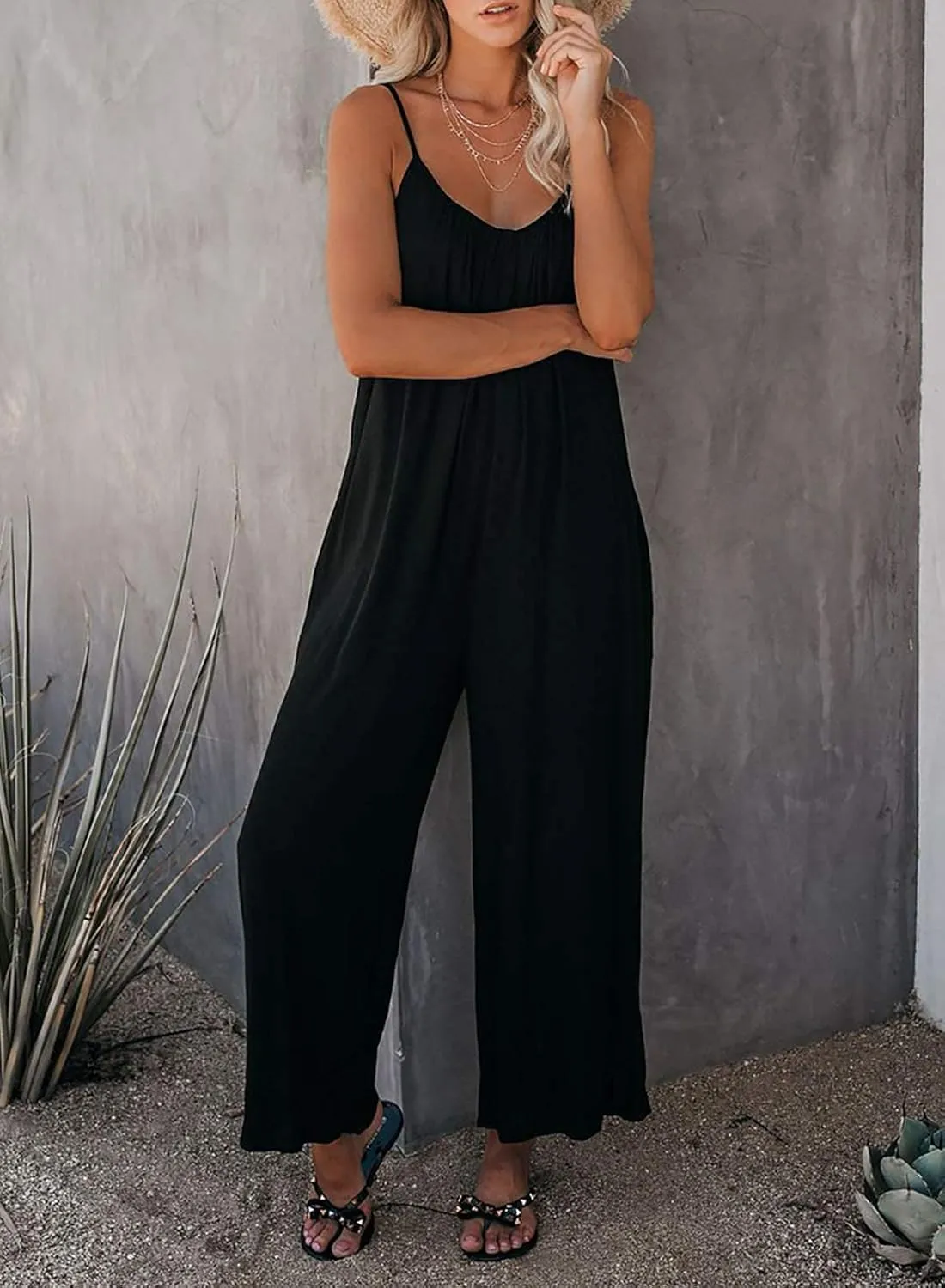 Happy Sailed Womens Casual Jumpsuits Loose Overalls Summer Sleeveless Stretchy Wide Leg Long Pants Romper with Pockets
