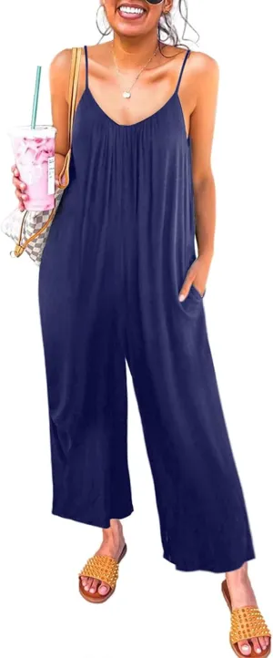 Happy Sailed Womens Casual Jumpsuits Loose Overalls Summer Sleeveless Stretchy Wide Leg Long Pants Romper with Pockets