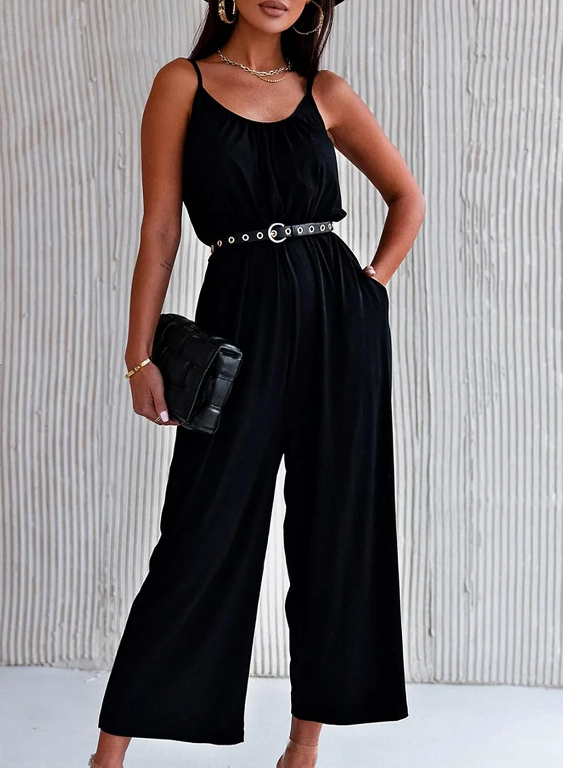 Happy Sailed Womens Casual Jumpsuits Loose Overalls Summer Sleeveless Stretchy Wide Leg Long Pants Romper with Pockets