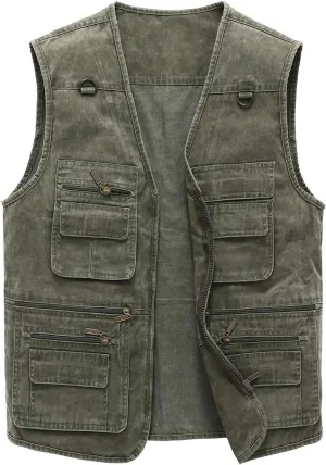 Hbufnha Men's Denim Vest Outdoor Casual Multi Pocket Sleeveless Jacket Jean Work Travel Utility Vest