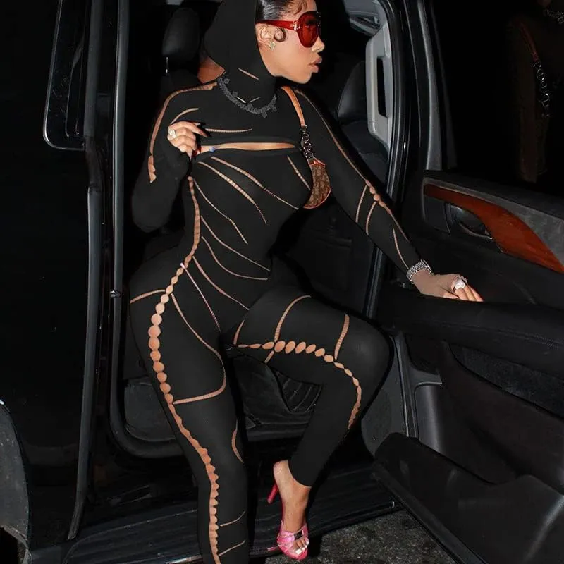 heyheyshine Women's Sexy Y2K Grid Perspective Hollowed Out High Waist Long Sleeve Tight One-piece Trousers for Women